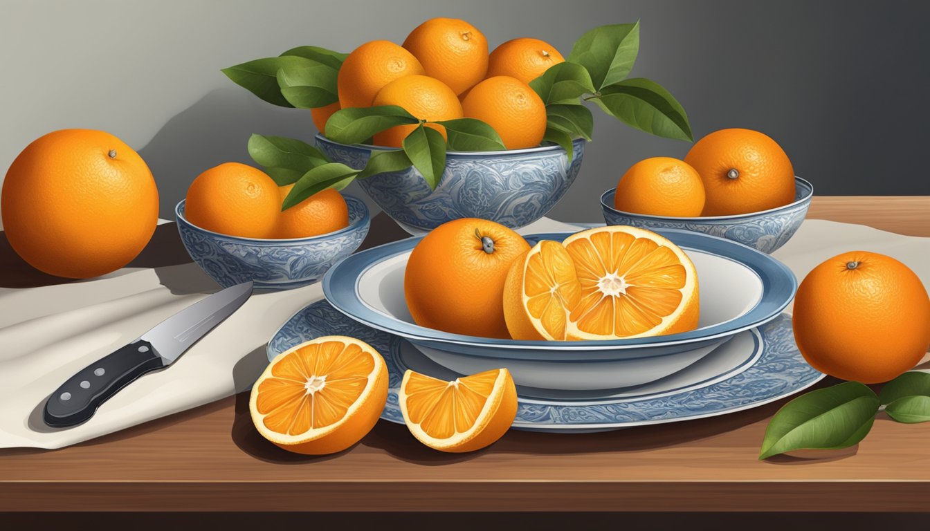 A table with a bowl of oranges, a knife, and a plate