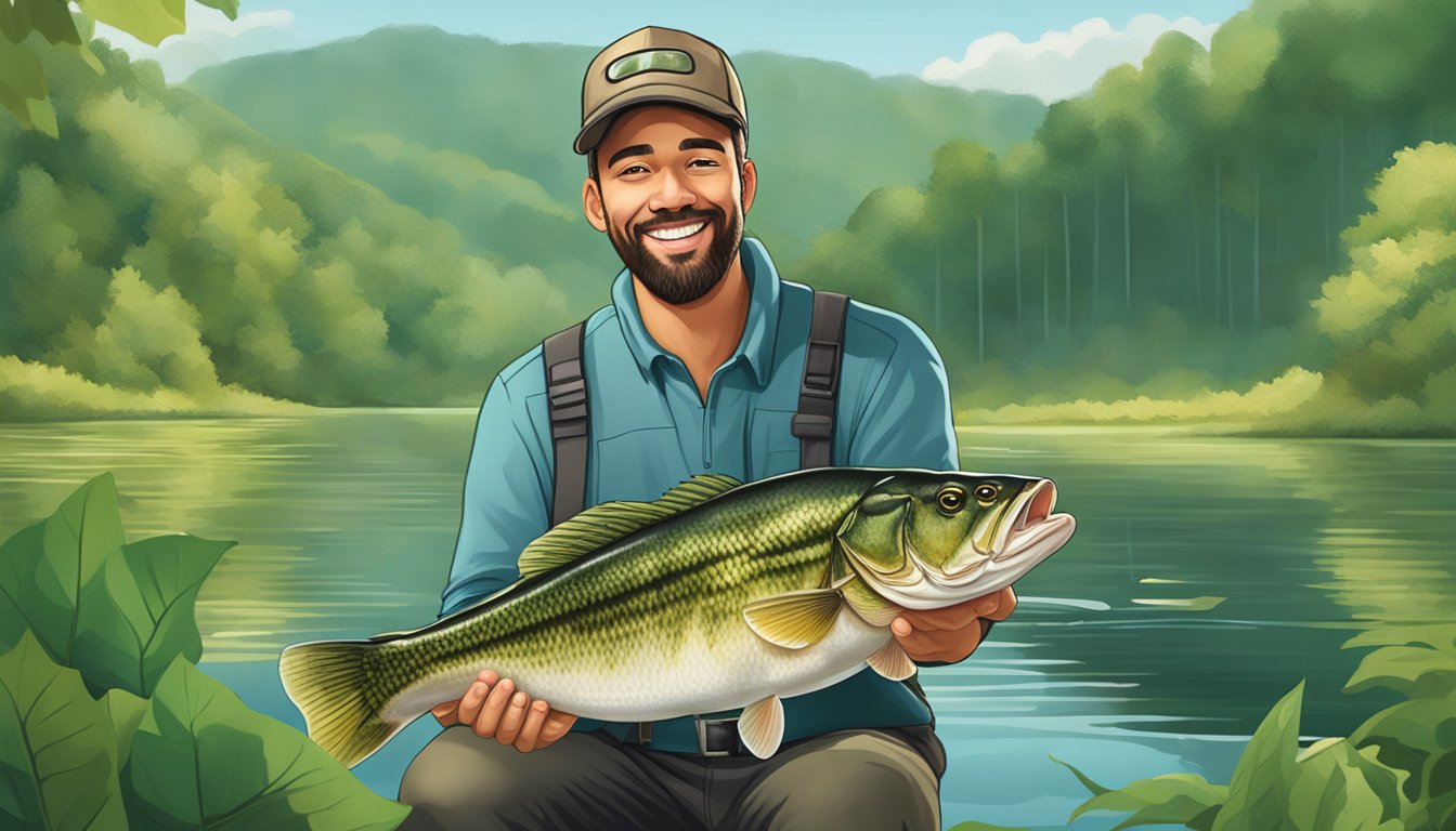 A fisherman proudly holds up a freshly caught largemouth bass, surrounded by a serene lake and lush greenery in Virginia