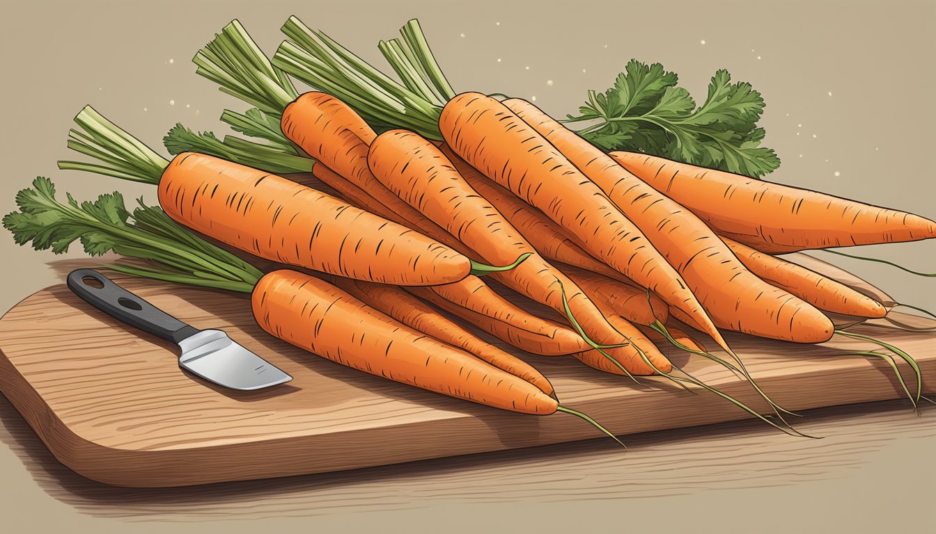 A pile of carrots on a wooden cutting board, with a measuring cup next to it