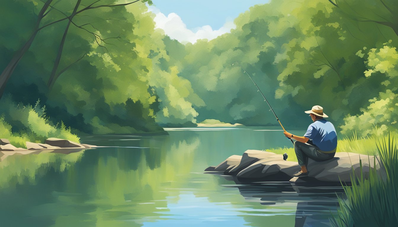 A person fishing in a calm Virginia river, surrounded by lush greenery and a clear blue sky