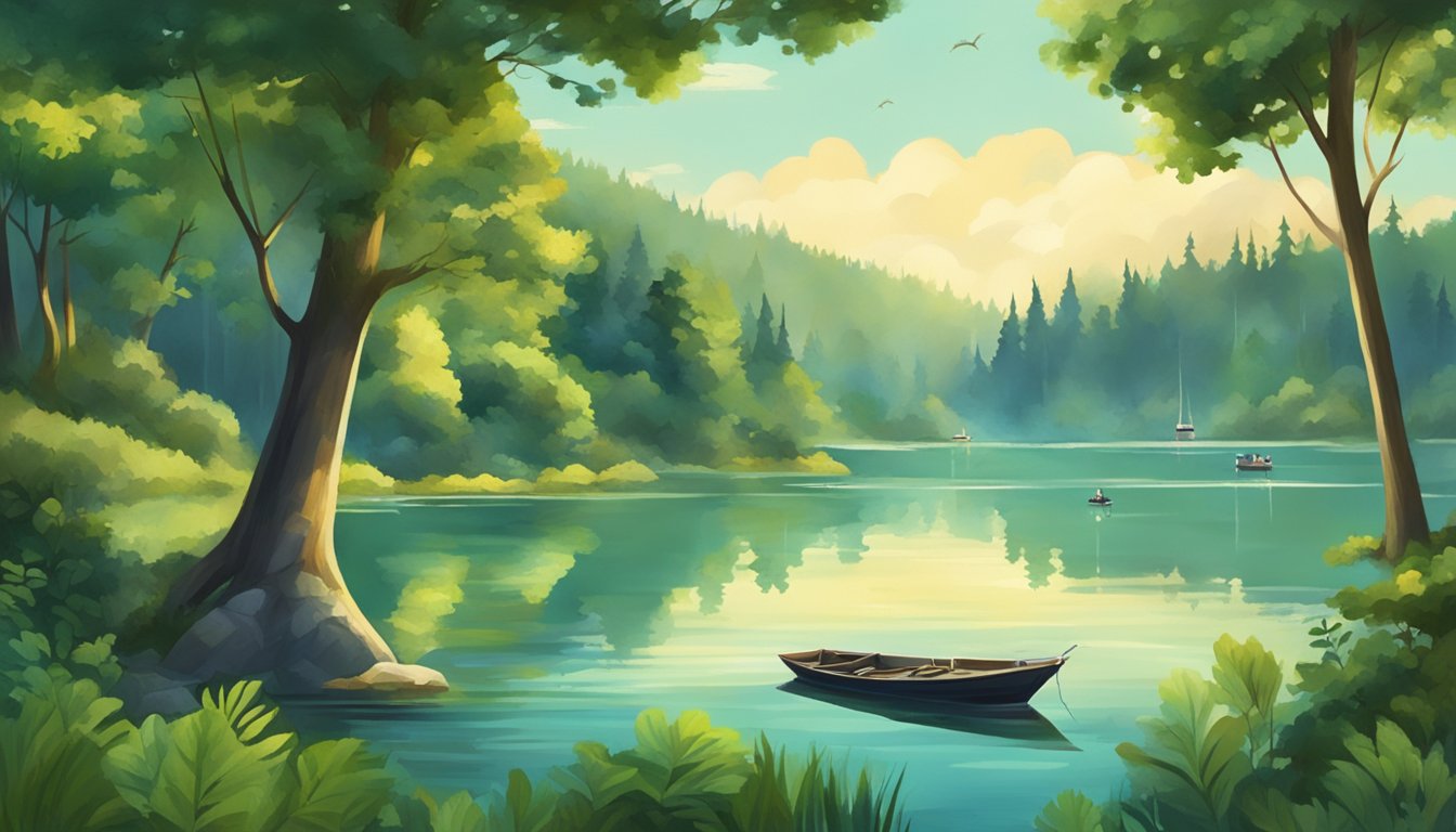 A serene lake surrounded by lush green trees, with a fishing boat in the distance and a variety of fish jumping out of the water