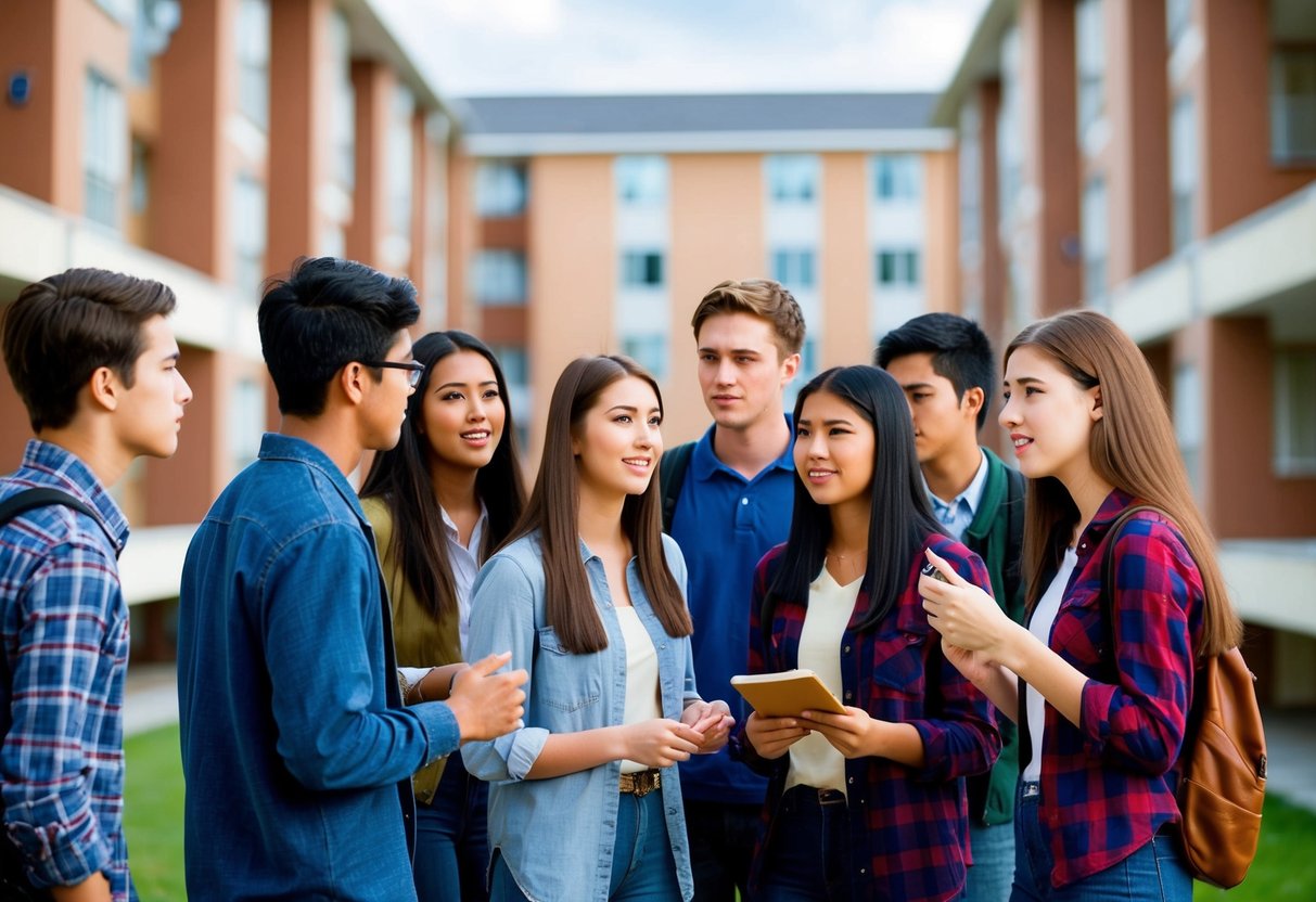 En grupp gymnasieelever utforskar olika boendealternativ, inklusive studentrum och delade lägenheter, medan de diskuterar möjligheten att flytta ut under sin tid på gymnasiet.