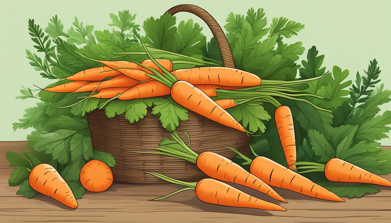 A pile of fresh carrots spilling out of a woven basket, surrounded by vibrant green leaves and a few scattered carrot tops