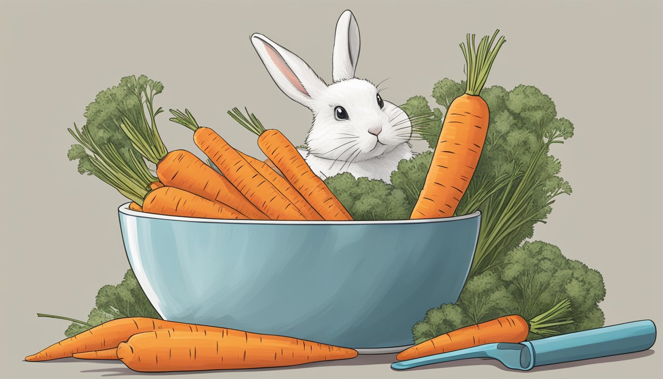 A pile of carrots spilling out of a measuring cup, with a concerned rabbit looking on