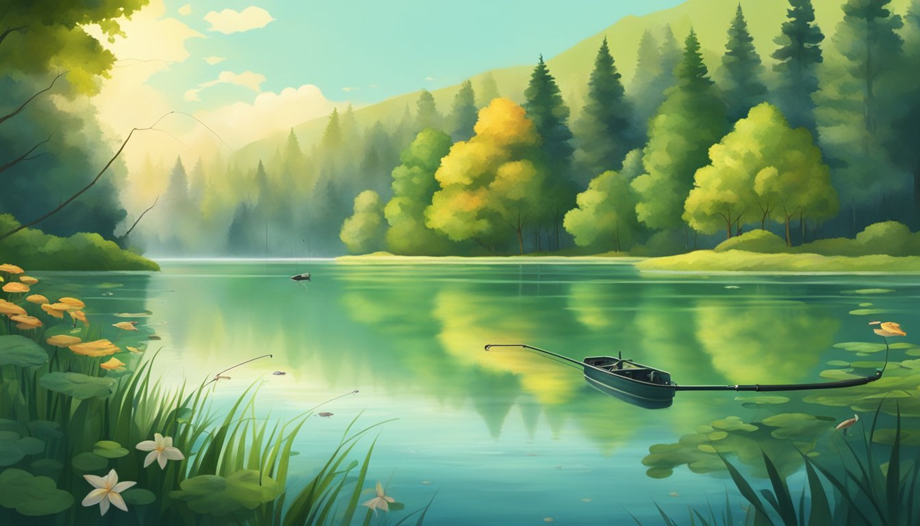 A serene lake surrounded by lush green forests, with a fishing rod casting into the water and a variety of fish swimming beneath the surface