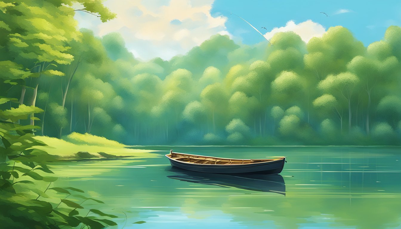 A serene lake with a lone fishing boat, surrounded by lush green trees and a clear blue sky