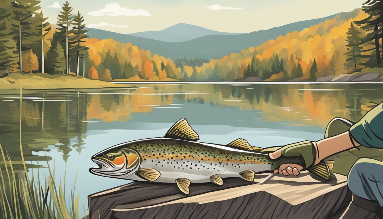 A person cleaning and gutting a freshly caught trout by a serene Vermont lake