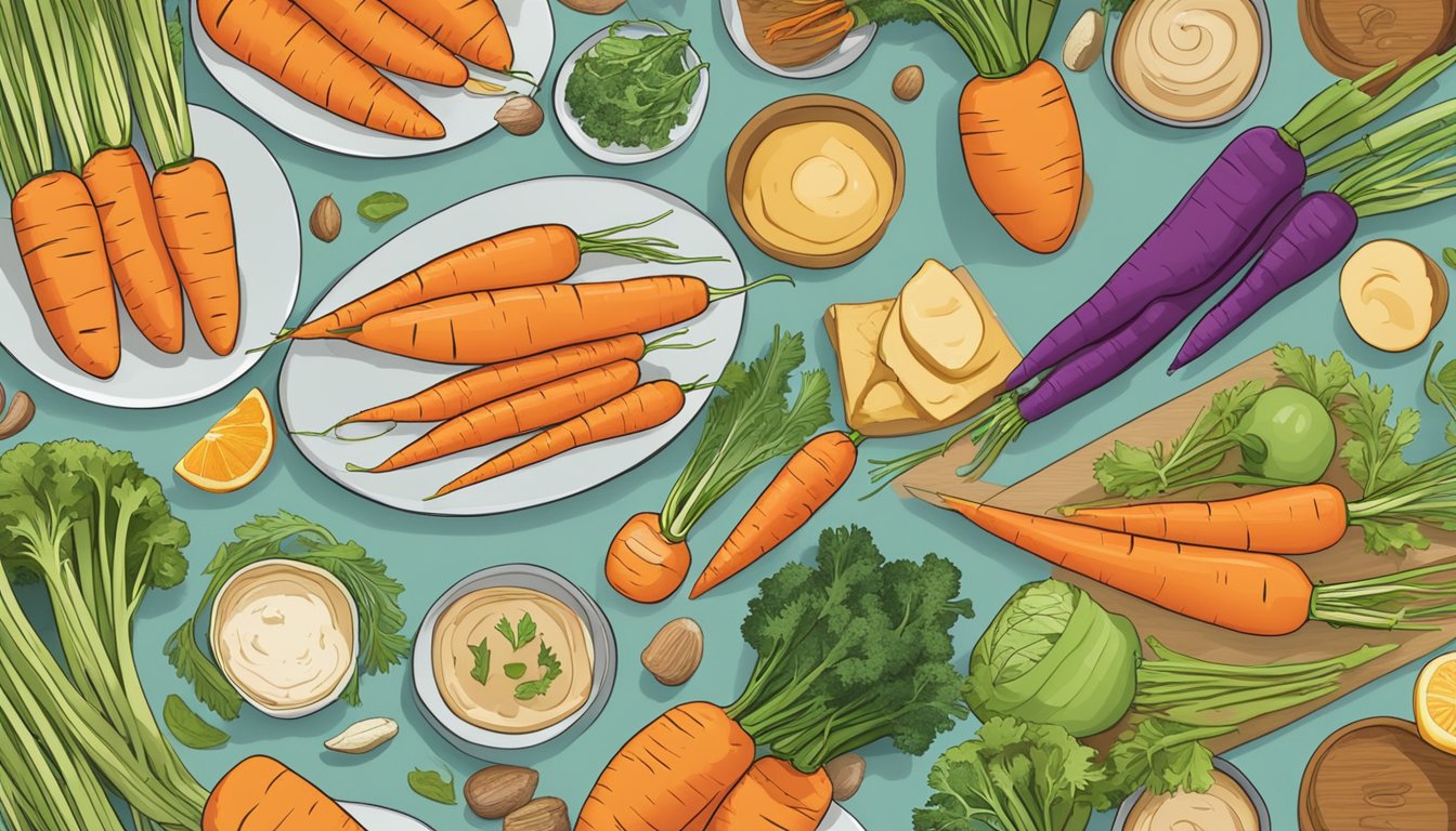 A variety of carrots arranged on a table, surrounded by different types of food representing various diets and lifestyles