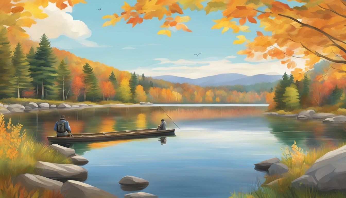 A serene lake in Vermont, surrounded by colorful autumn foliage. A fisherman casts his line, hoping to catch a trout or bass for a delicious seasonal meal