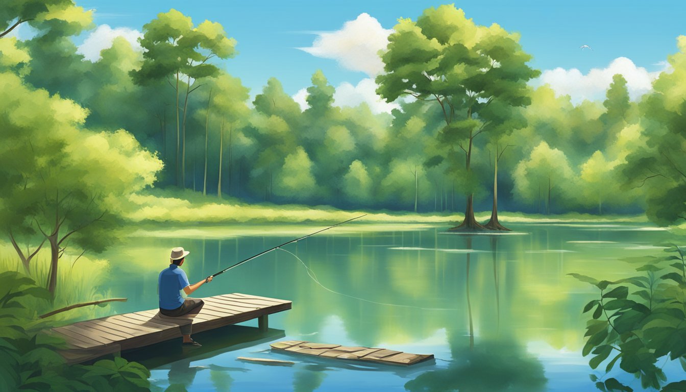 A serene lake surrounded by lush green trees, with a person fishing from a wooden dock under a clear blue sky