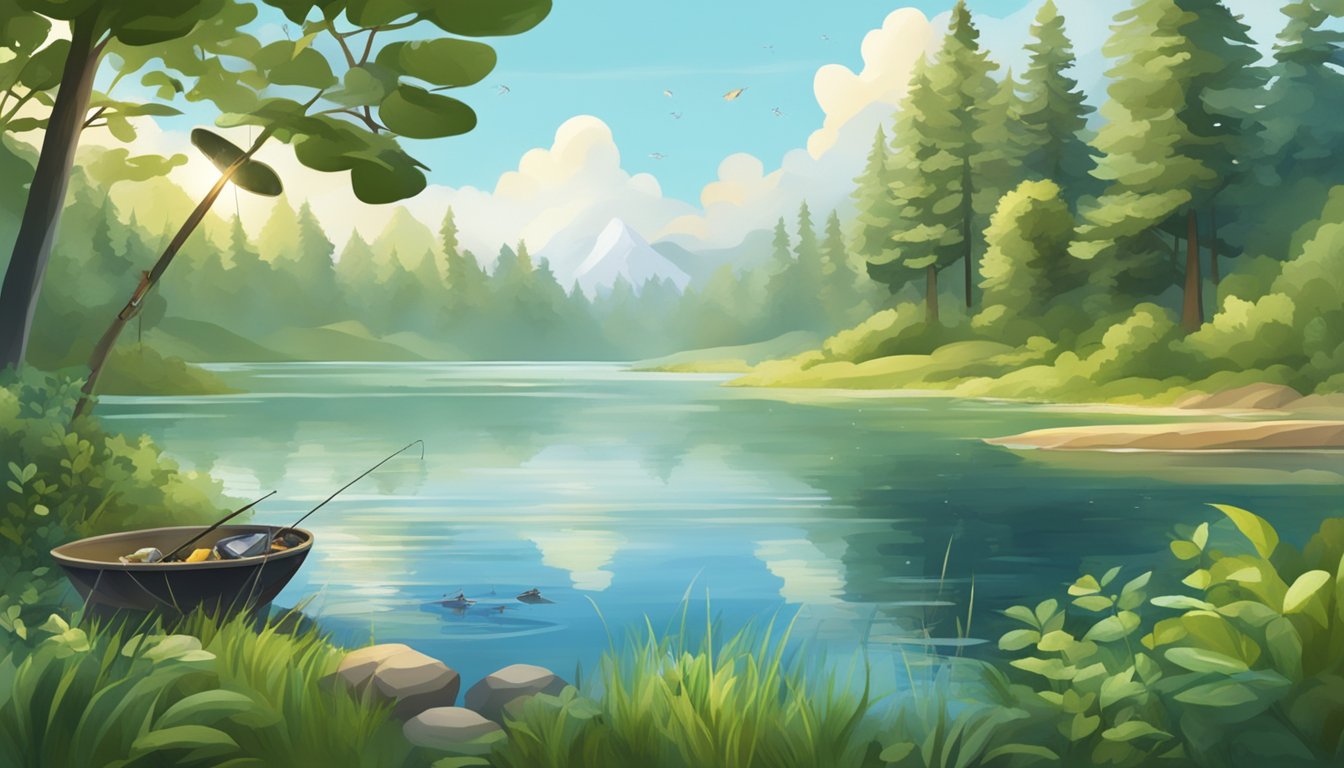 A serene lake surrounded by lush greenery, with a fishing rod and a catch of various freshwater fish