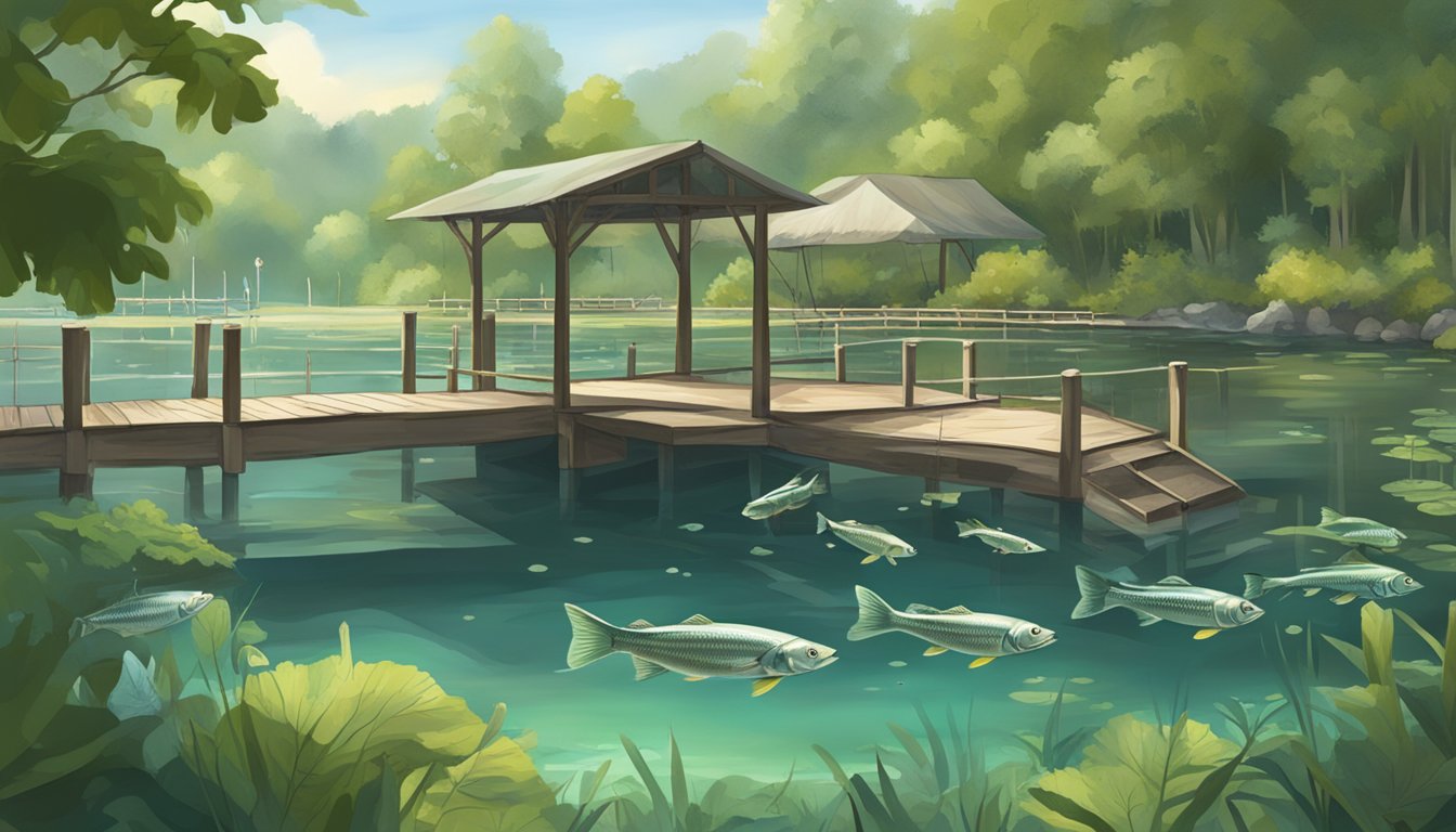 A serene lake surrounded by lush greenery, with a fishing pier and sign detailing fishing licenses and regulations. A variety of fish species swim in the clear water