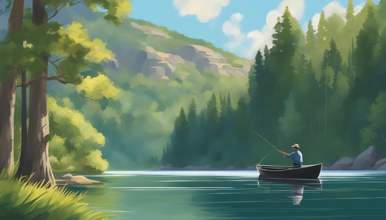 A serene lake with a fisherman casting a line from a boat, surrounded by lush greenery and a clear blue sky in South Dakota