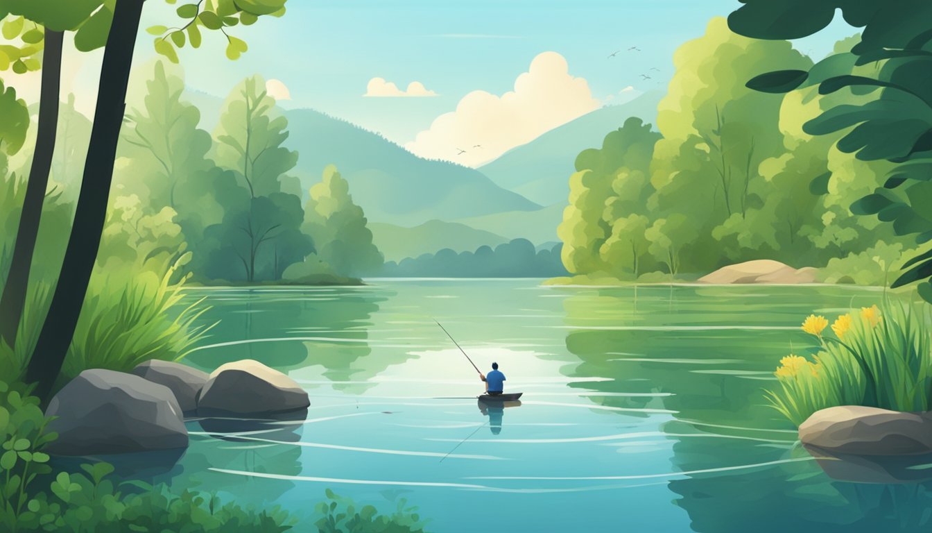 A serene lake surrounded by lush greenery, with various fish species swimming in the clear water. A person fishing from the shore with a rod and reel