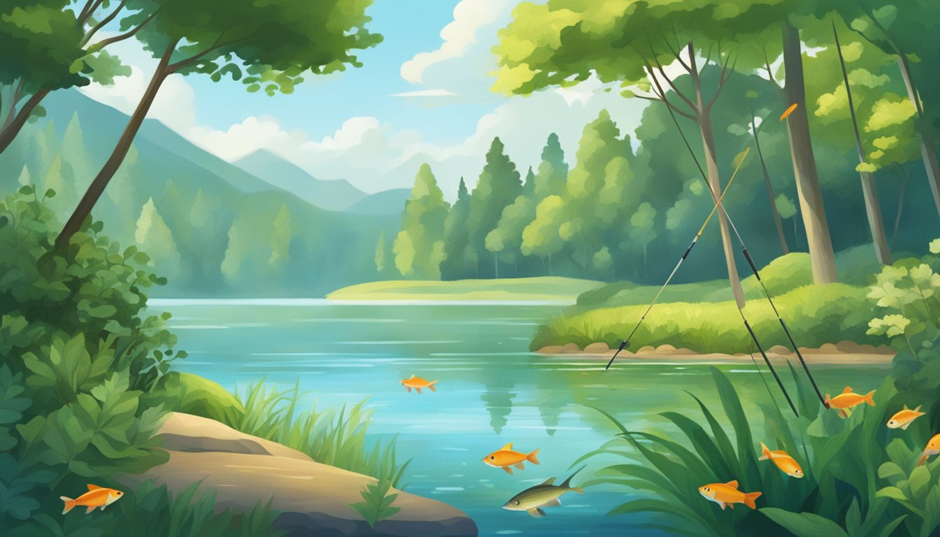 A serene lake surrounded by lush greenery, with a fishing rod and a variety of fish swimming in the clear water