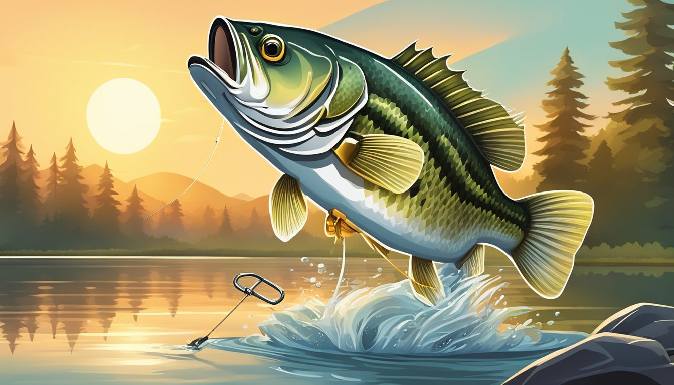 A tranquil lake at sunset, with a fishing rod, tackle box, and bait. A large mouth bass jumps out of the water