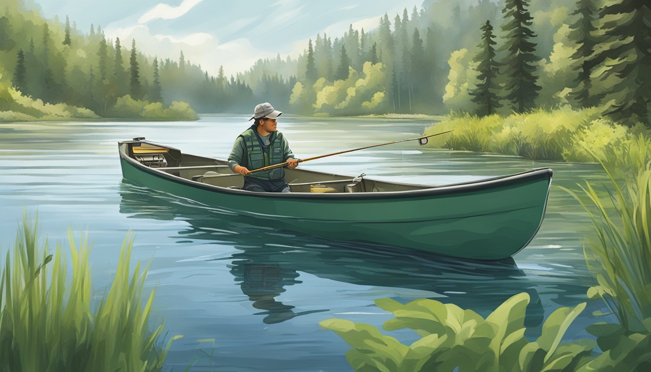 A serene lake surrounded by lush greenery, with a fisherman using sustainable fishing practices to catch walleye and northern pike in South Dakota