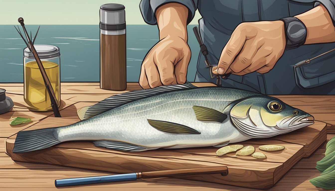 A fisherman cleaning and filleting a fresh catch of flounder on a wooden cutting board, with a fishing rod and tackle box in the background