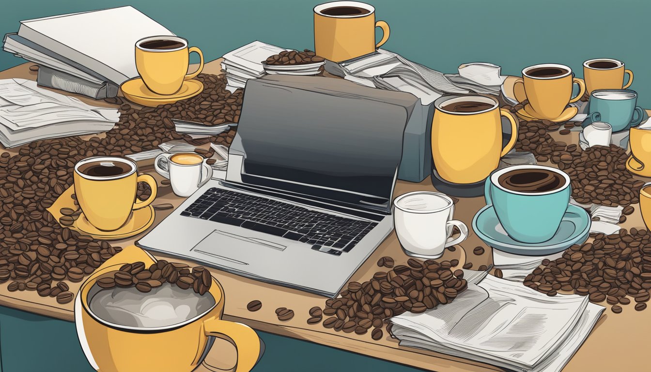 A cluttered desk with multiple empty coffee cups, scattered coffee beans, and a jittery, anxious atmosphere