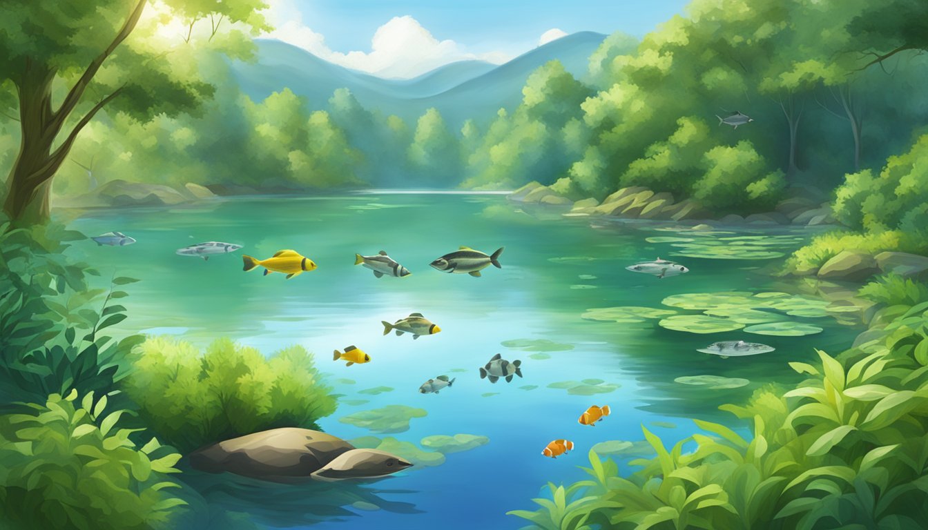 A serene lake surrounded by lush greenery, with a variety of fish species swimming in the clear water