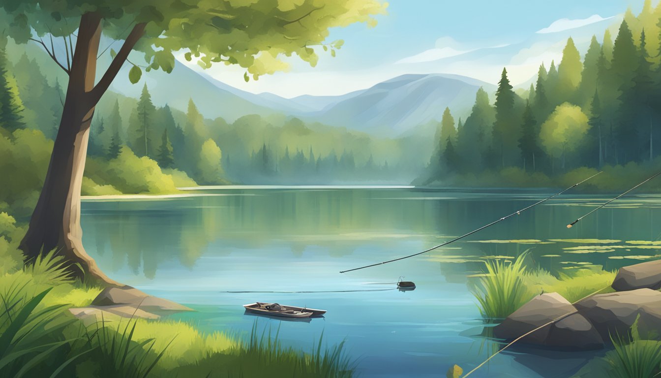 A serene lake surrounded by lush greenery, with a fishing rod casting into the water and a variety of bait options laid out on the shore