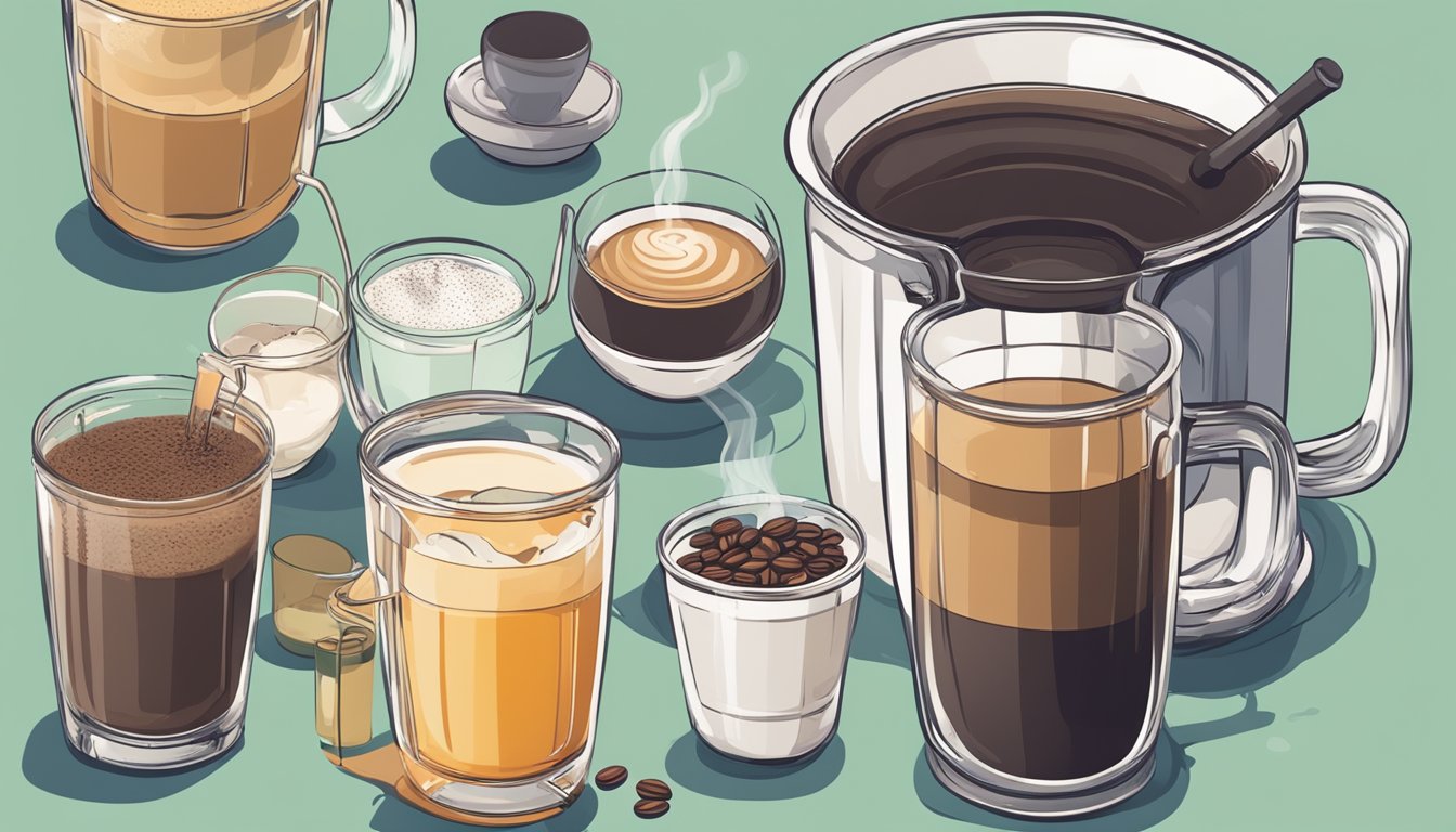 A steaming cup of coffee surrounded by various alternative drinks like tea, herbal infusions, and smoothies, with a measuring cup showing the recommended daily limit of coffee