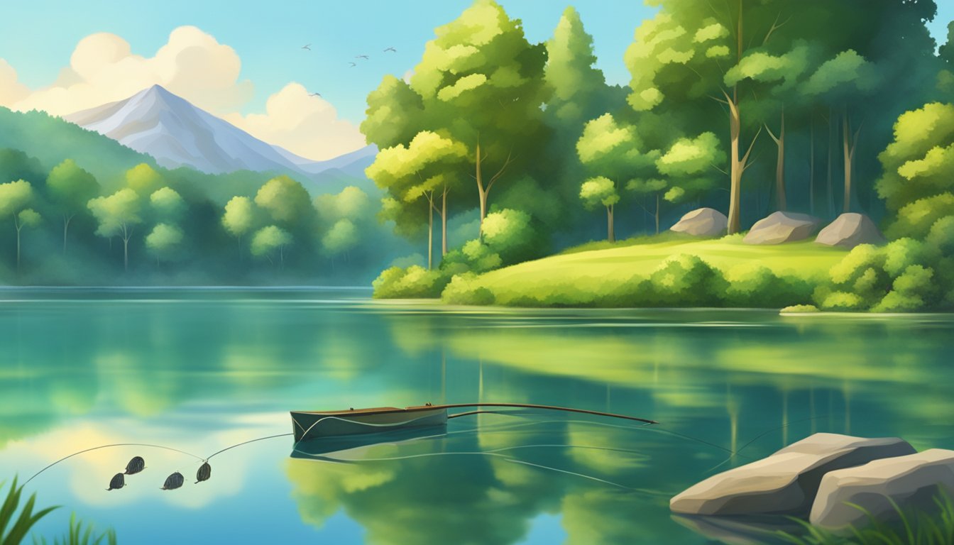 A serene lake surrounded by lush green trees, with a fishing rod and a variety of fish swimming in the clear water