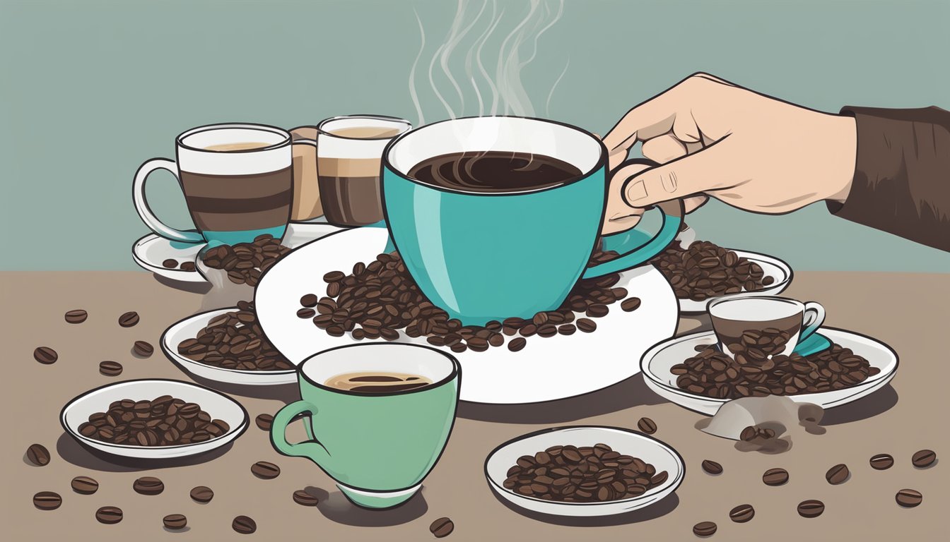 A person pouring multiple cups of coffee into a large mug, surrounded by empty coffee cups and a pile of coffee beans