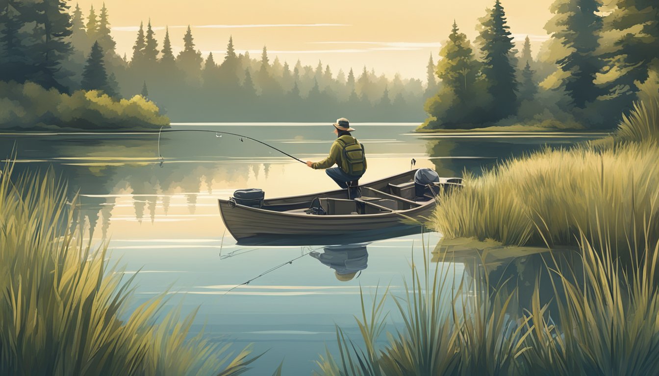 A peaceful lake surrounded by tall grass and trees, with a fishing rod and tackle box on the shore. A fisherman patiently waits for a bite