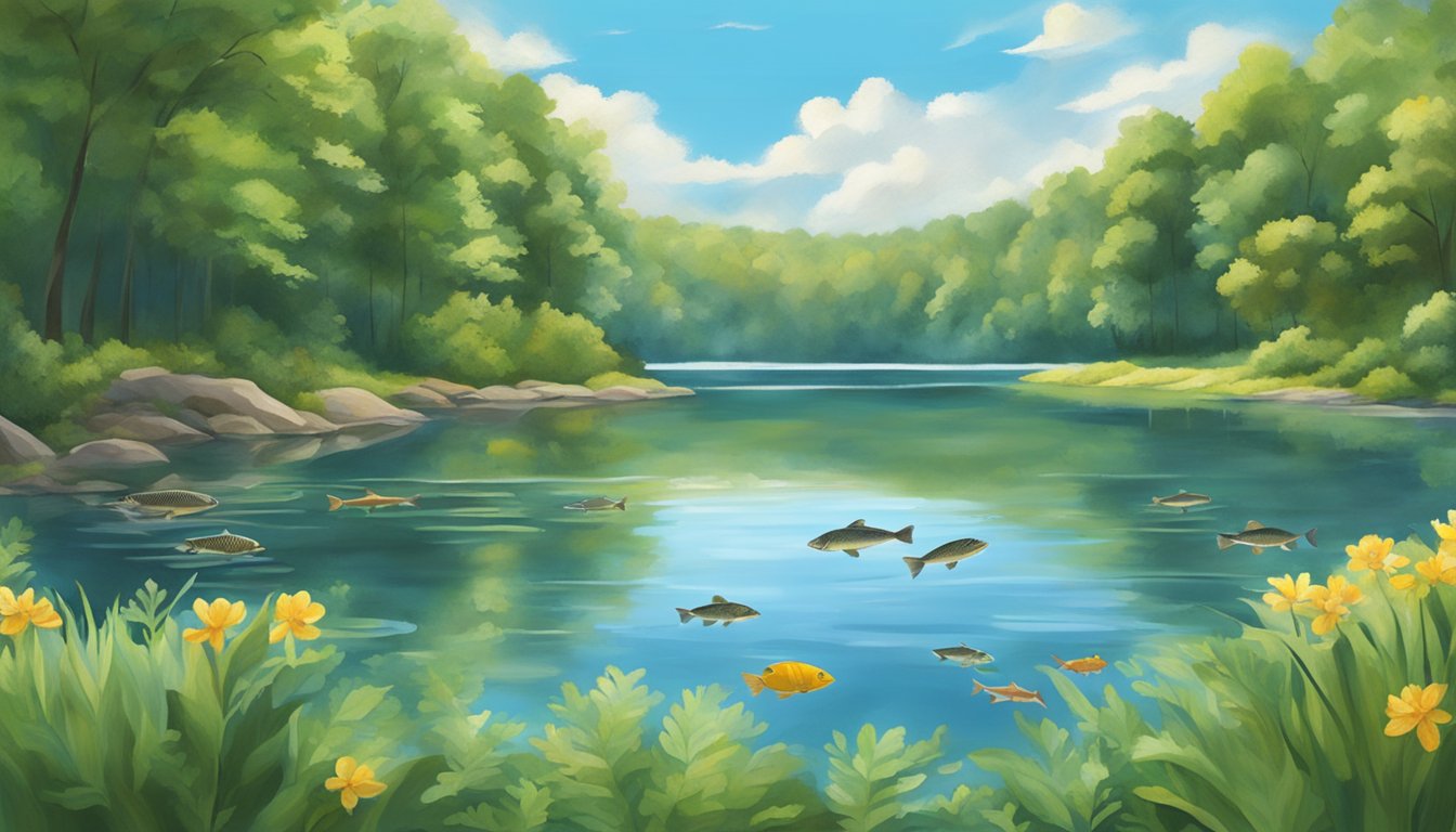 A serene Pennsylvania lake with a variety of fish swimming in clear water, surrounded by lush green trees and a blue sky