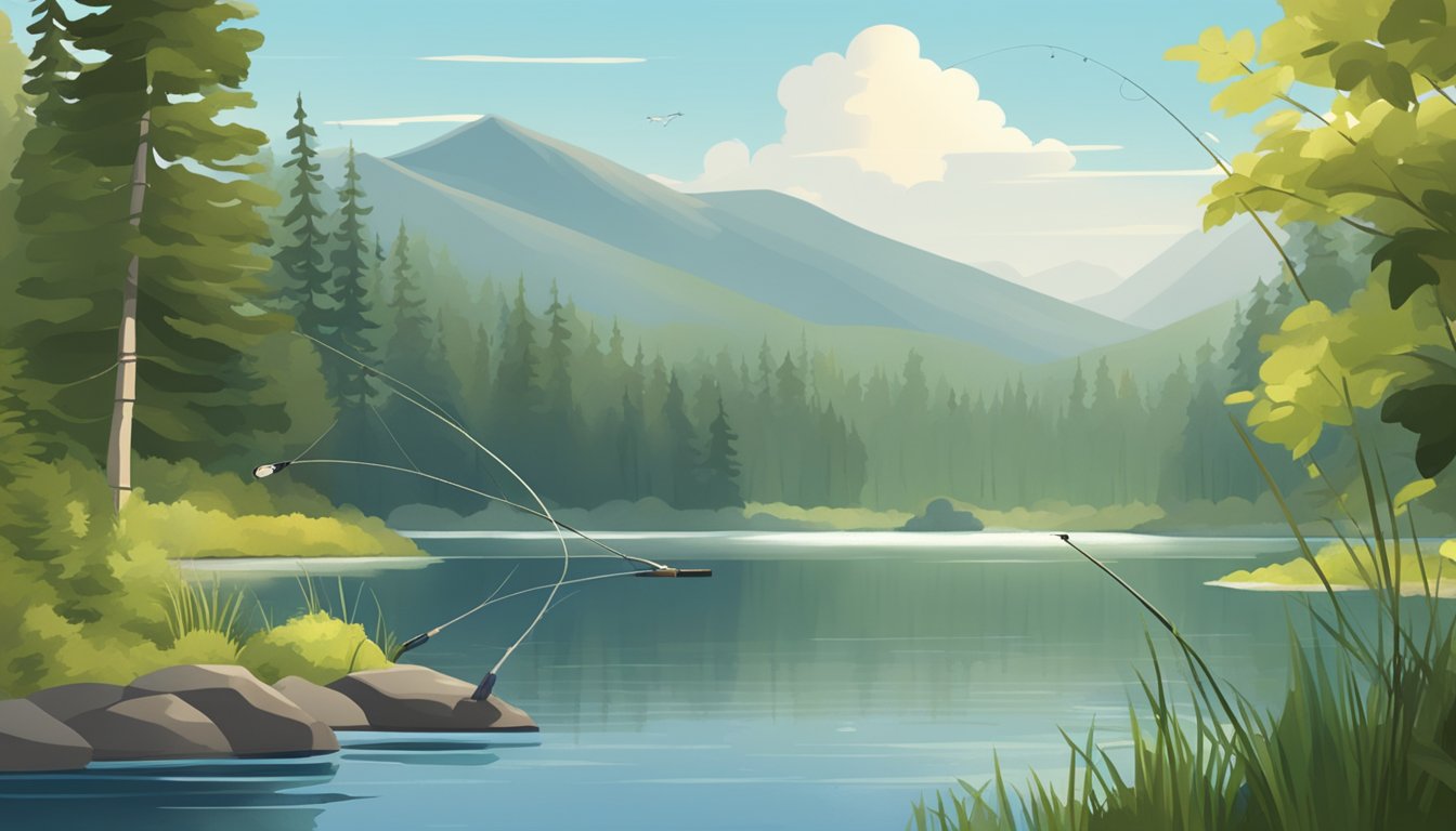 A serene lake surrounded by lush greenery, with a fishing rod and a freshly caught walleye lying on the shore