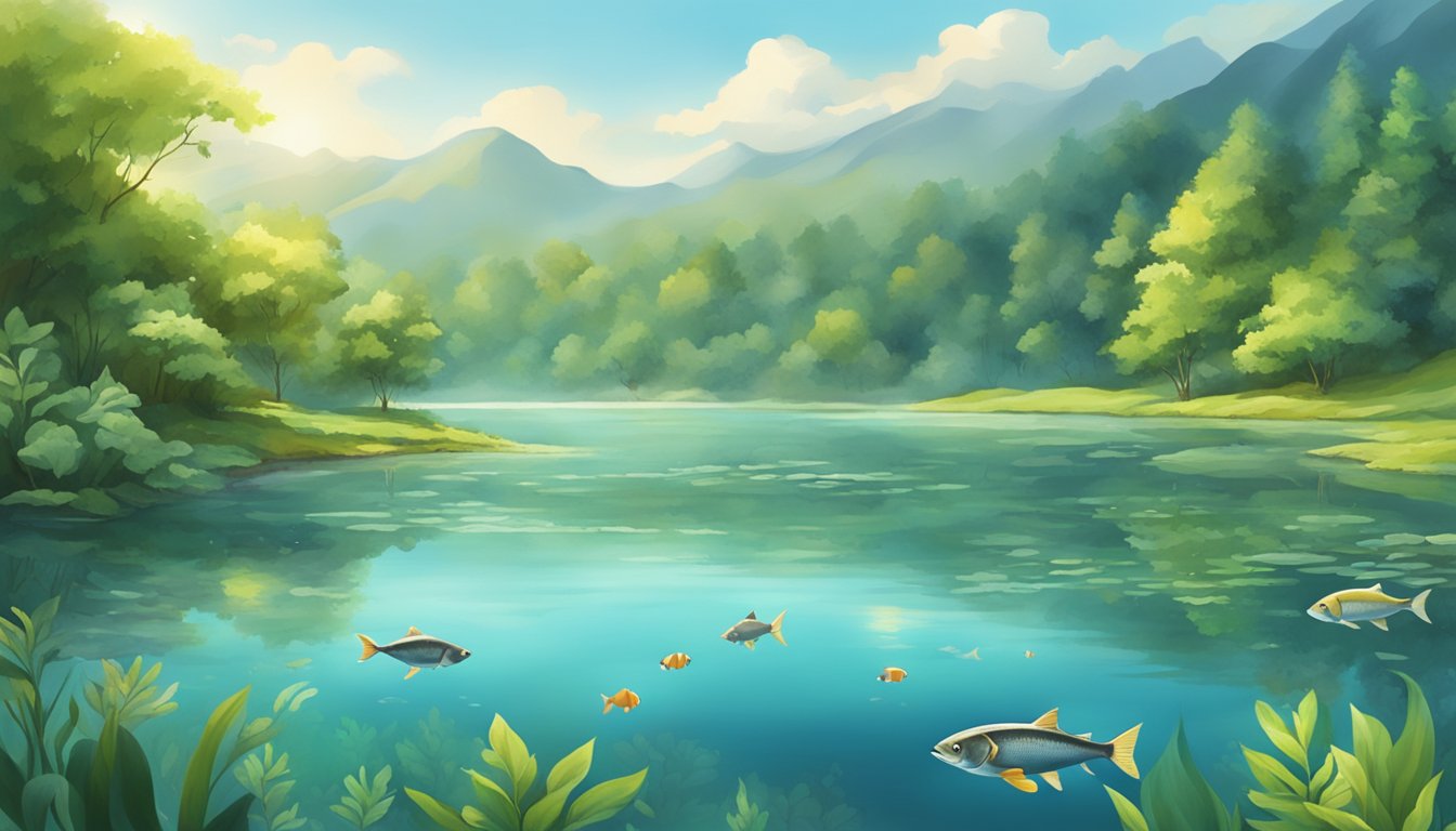 A serene lake surrounded by lush greenery, with a variety of fish swimming in the clear water