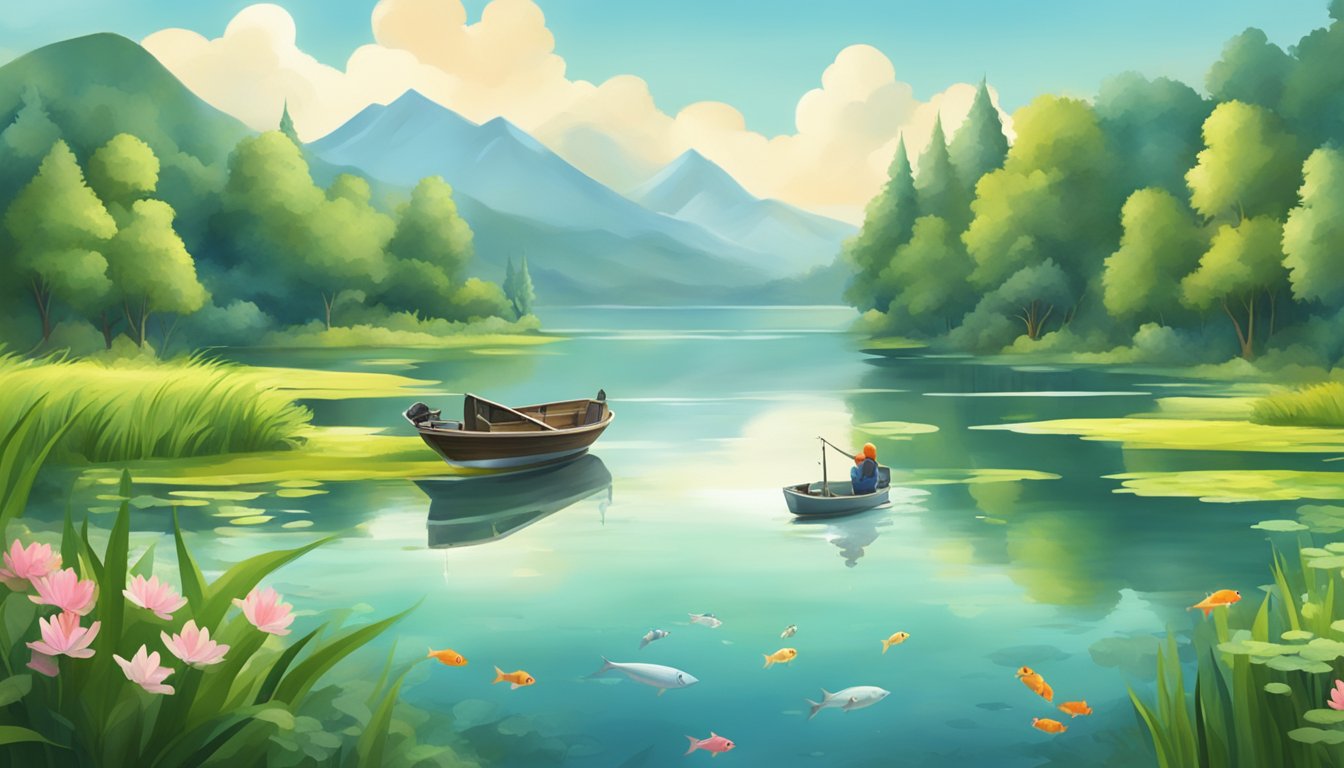 A serene lake surrounded by lush greenery, with a fishing boat and a variety of fish jumping out of the water