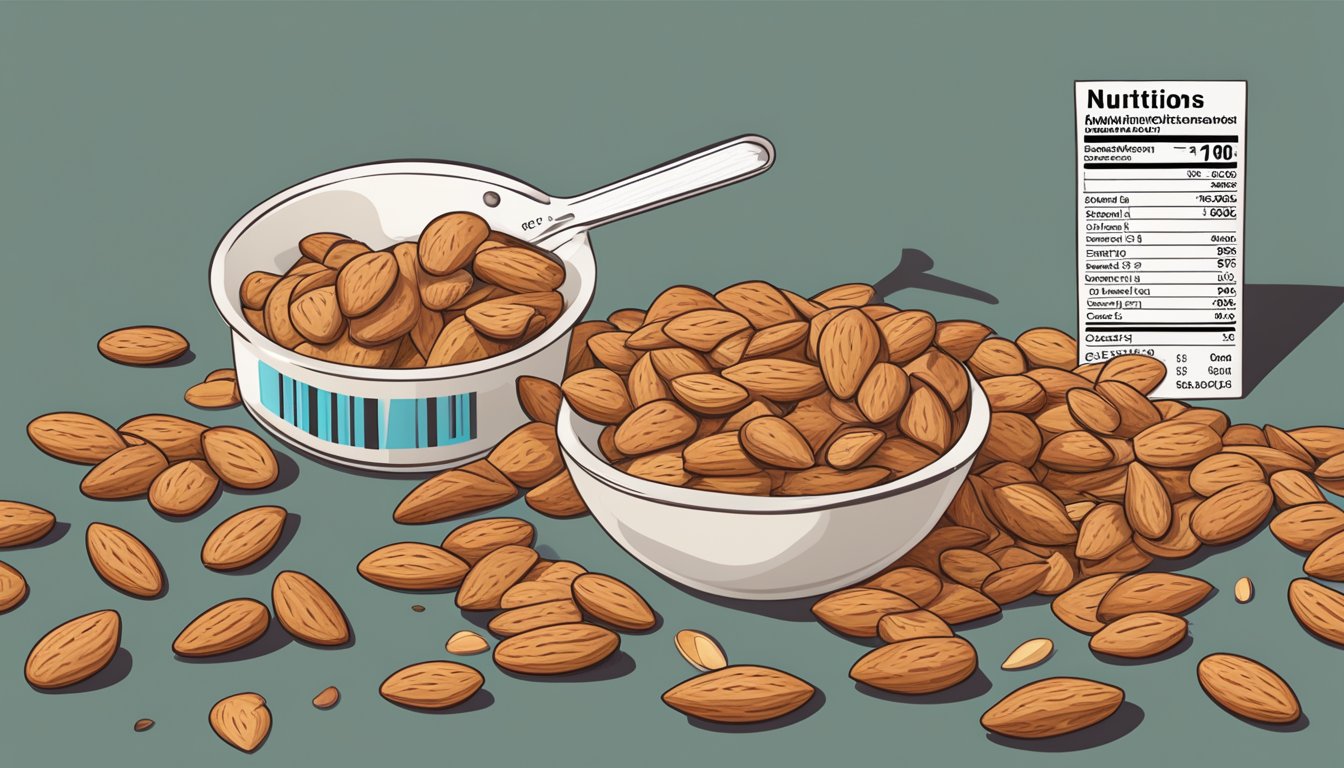 A pile of almonds spilling out of a measuring cup, surrounded by a nutrition label and a question mark