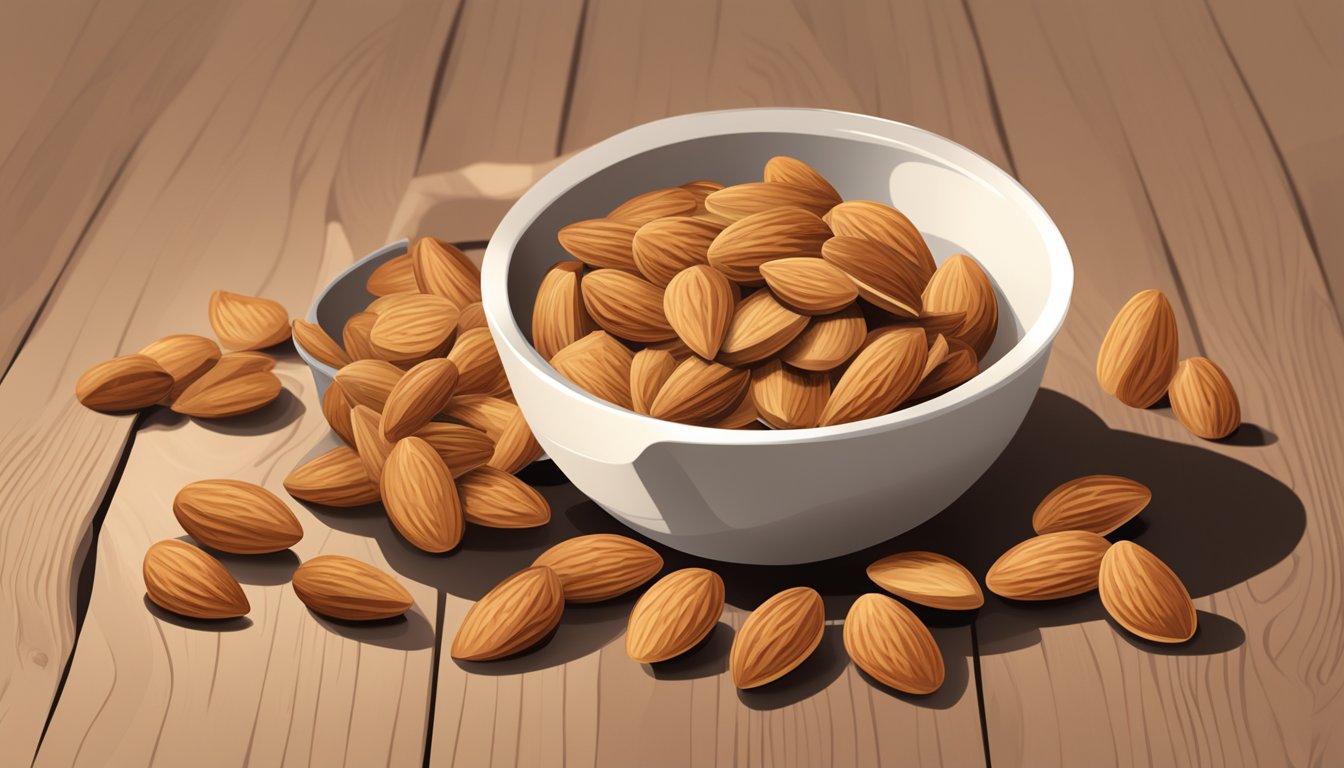 A small pile of almonds spilling out of a measuring cup, with a few scattered on a wooden table