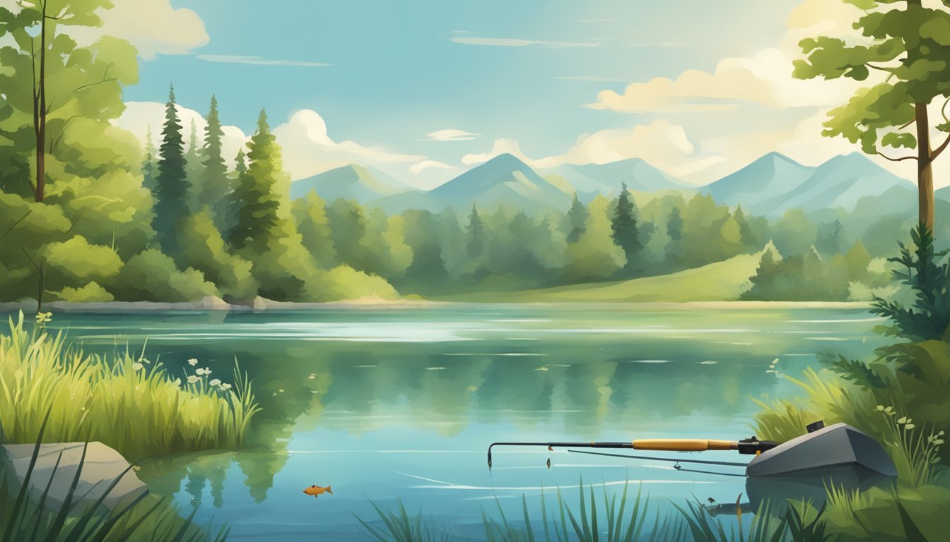 A serene lake with a variety of fish swimming in clear, freshwater. Lush greenery surrounds the water, with a fishing rod and tackle box nearby