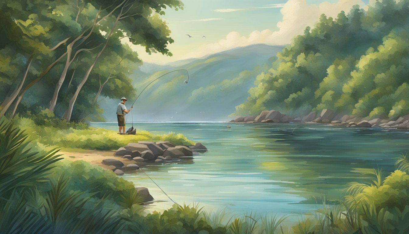 A serene coastal scene with a fisherman casting a line into the water, surrounded by lush greenery and a variety of fishing bait