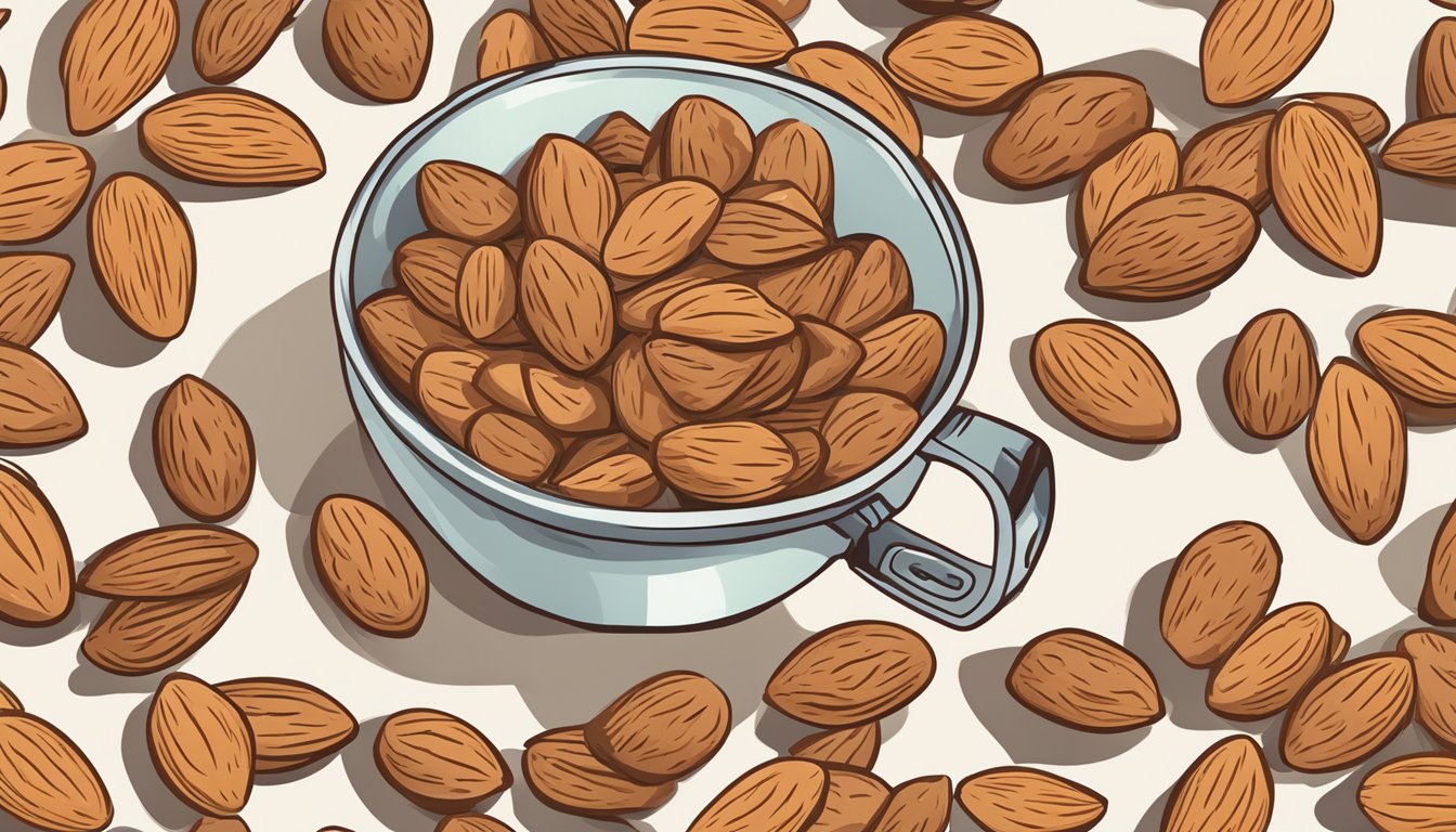 A pile of almonds spilling out of a measuring cup, with a question mark hovering above it