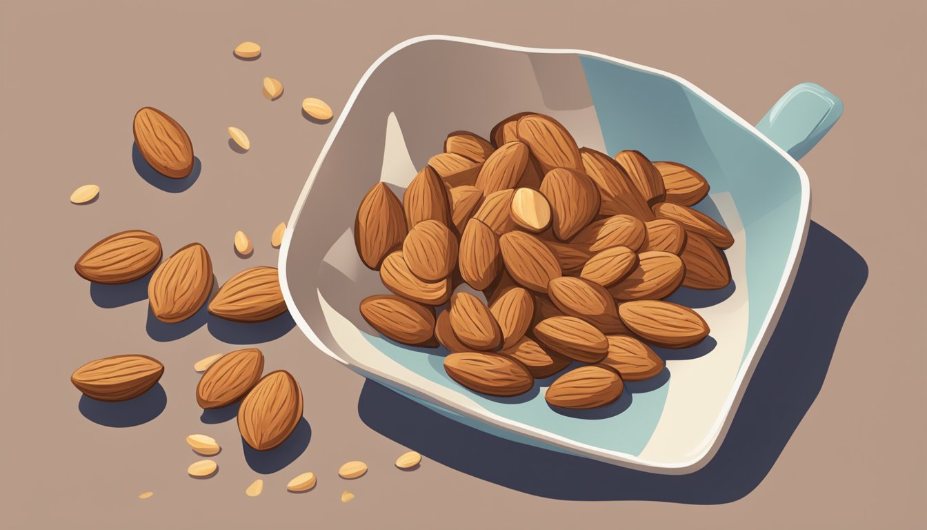 A bowl of almonds spilling onto a table, with a few scattered on the floor. A measuring cup sits nearby, indicating portion control