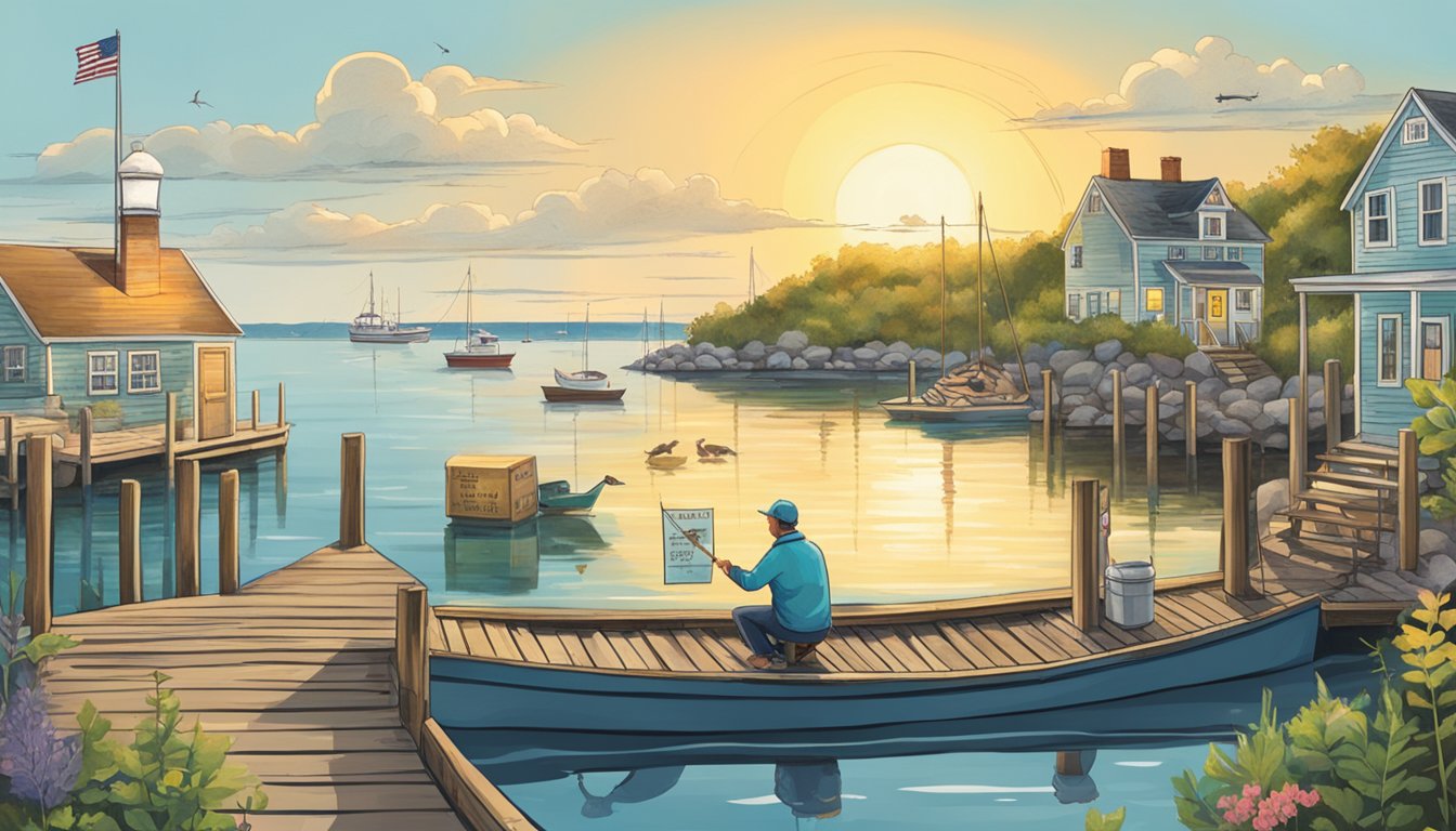 A serene coastal scene with a person fishing from a dock, surrounded by signs promoting fish conservation and listing the best species to catch and eat in Rhode Island