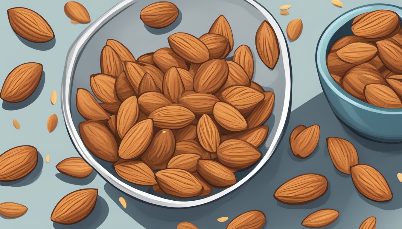 A bowl overflowing with almonds, scattered on a table, with a measuring cup next to it