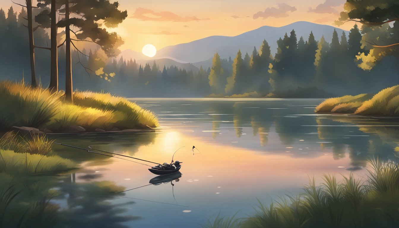 A serene lake at sunset, with a lone fishing rod casting into the calm water. A variety of lures and baits scattered on the grassy shore