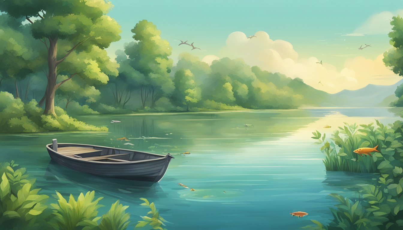 A serene lake surrounded by lush greenery, with a fishing boat in the distance and a variety of fish jumping out of the water