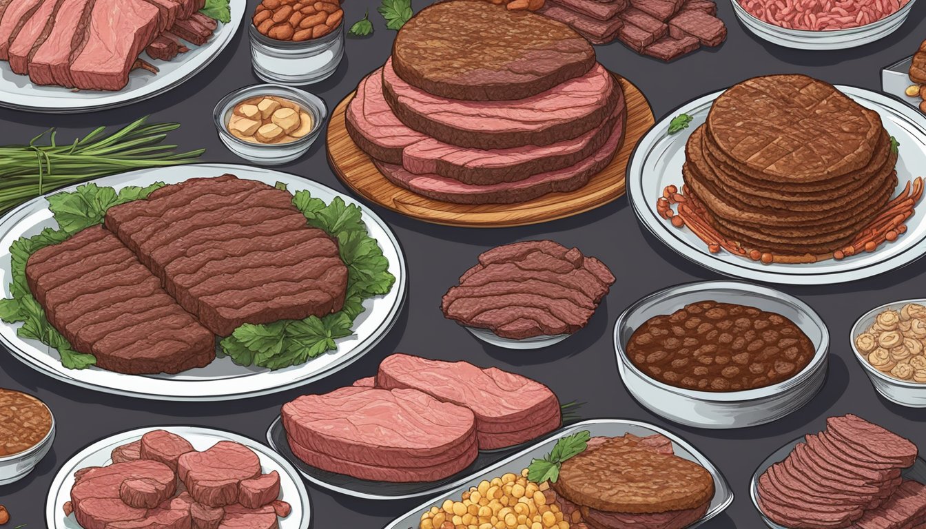 A plate overflowing with various cuts of beef, surrounded by piles of raw meat and a towering stack of beef patties