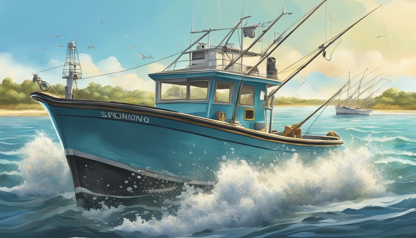 A sunny day on the South Carolina coast, with a fishing boat anchored in the calm waters, surrounded by jumping and splashing saltwater game fish