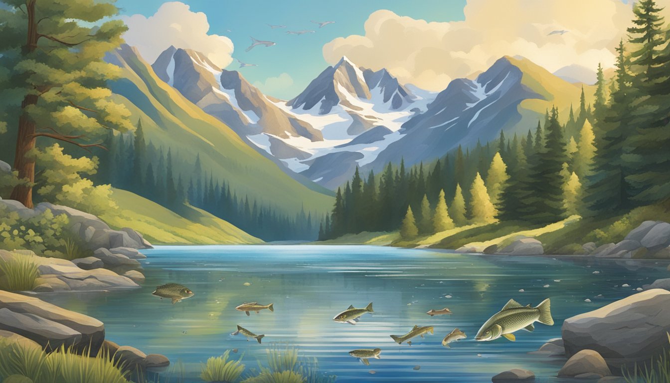 A serene lake surrounded by mountains, with a variety of fish jumping out of the water, including rainbow trout, walleye, and bass