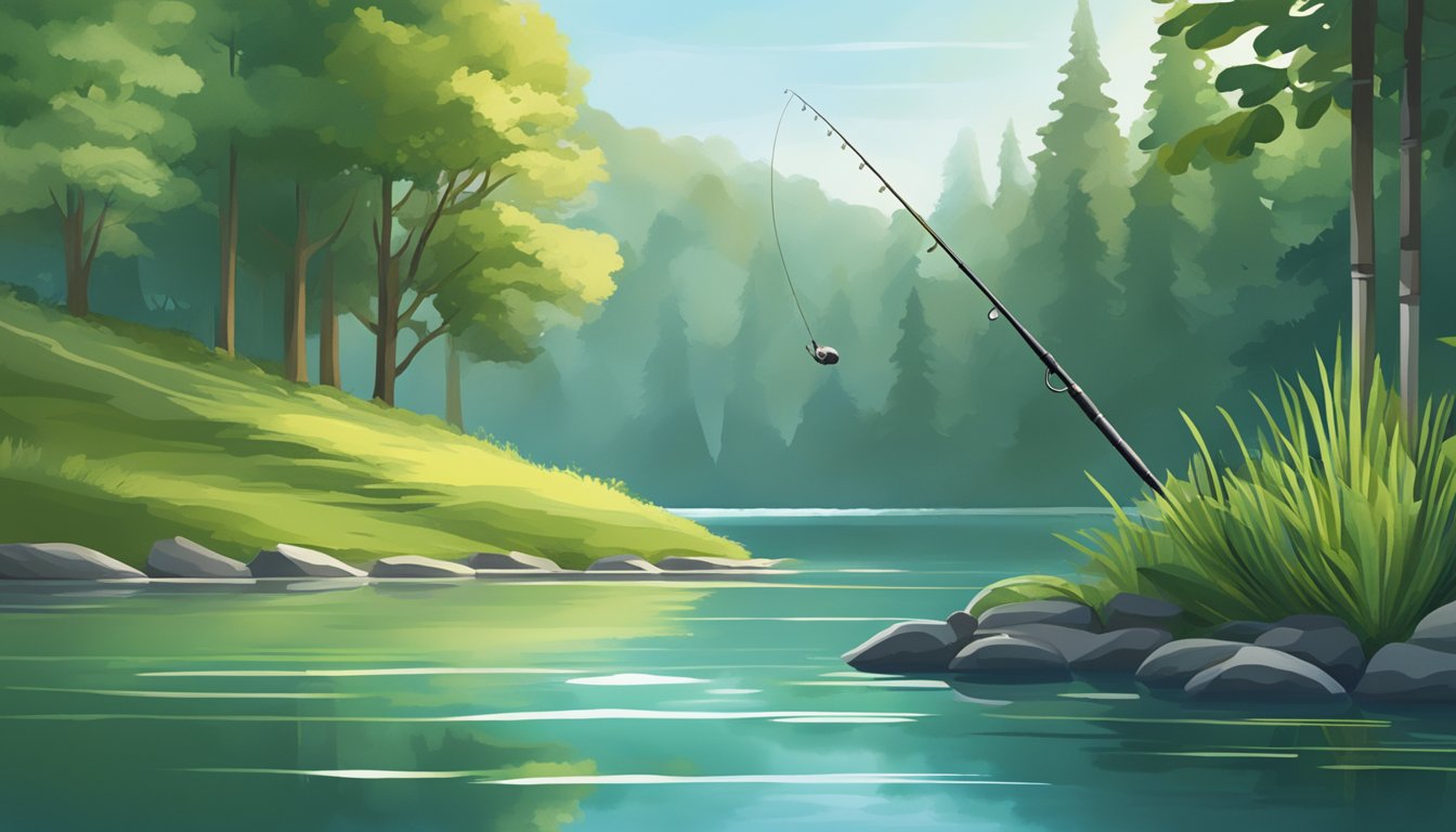 A serene lake with lush greenery surrounding it, a fishing rod with a line cast into the water, and a large, shimmering fish jumping out of the water