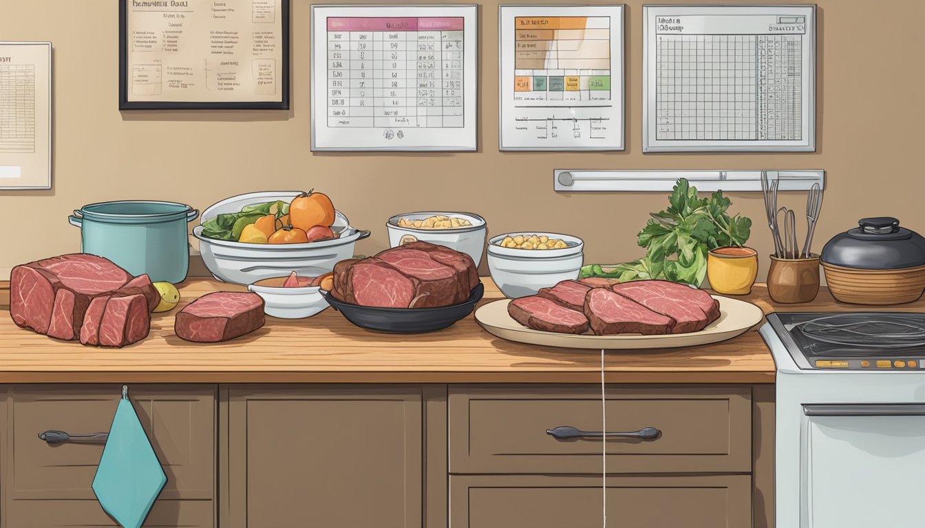 A kitchen counter with various cuts of beef displayed, a measuring scale, and a dietary guideline chart on the wall