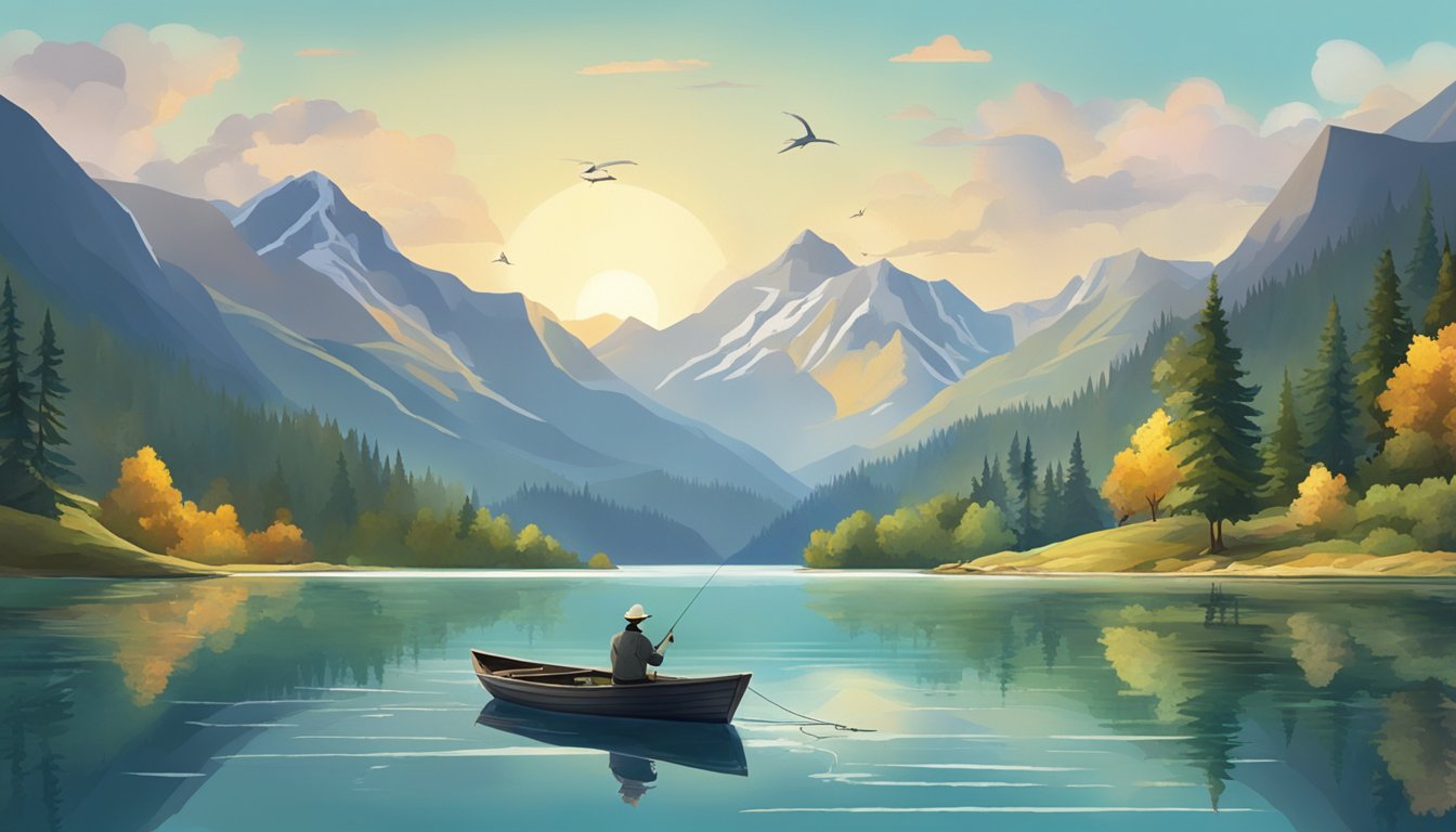 A serene lake surrounded by mountains, with a fisherman casting a line from a small boat. The water is clear and teeming with various species of fish