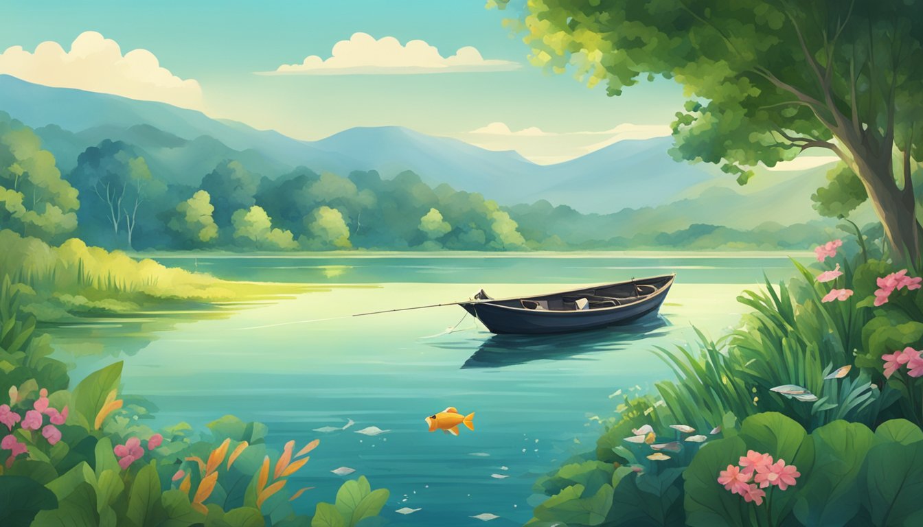 A serene lake surrounded by lush greenery, with a fishing boat in the distance and a variety of fish jumping out of the water